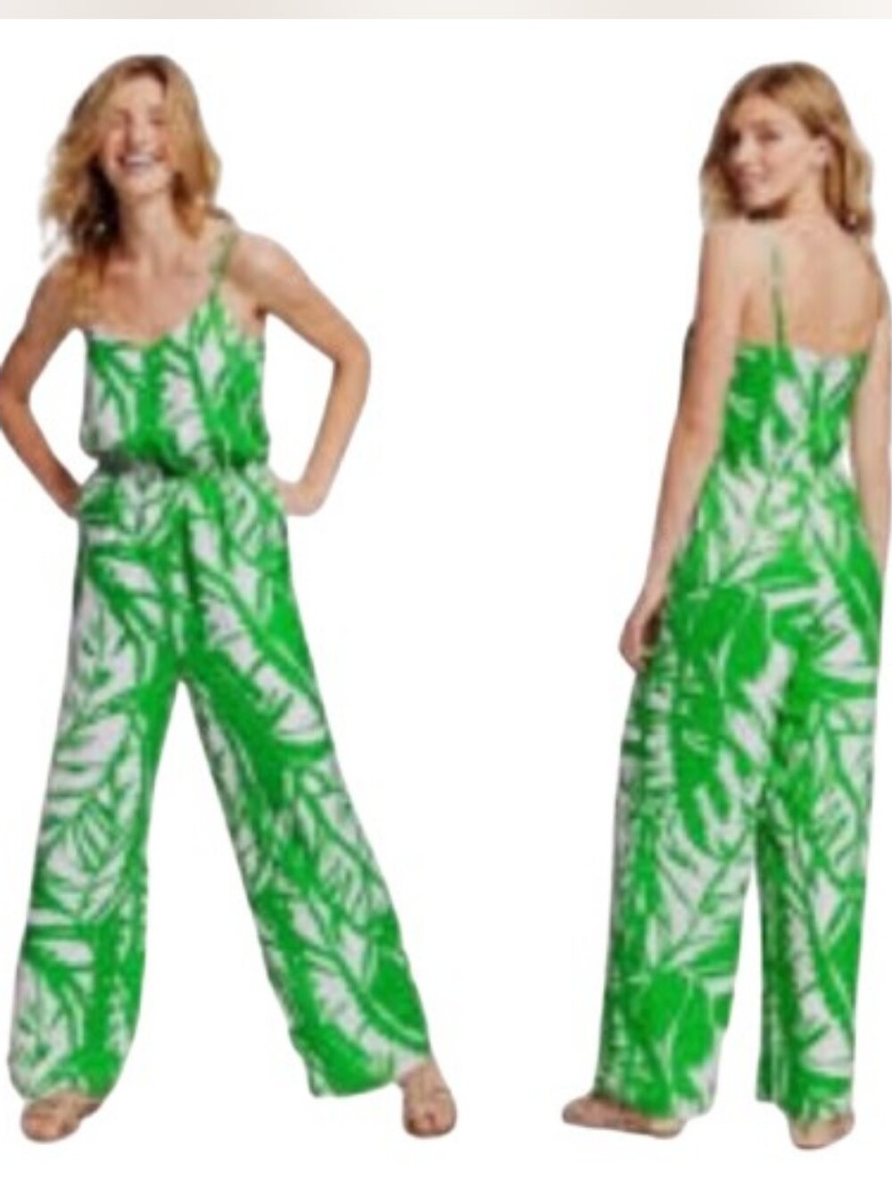 Lilly Pulitzer Green White Tropical Print Jumpsuit XS Resort Wide Leg